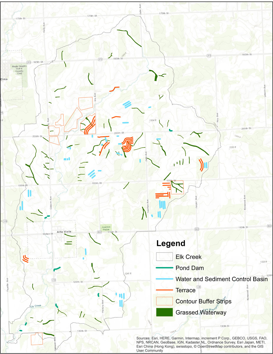 Iowa BMP Existing Practice Map for Elk Creek Watershed