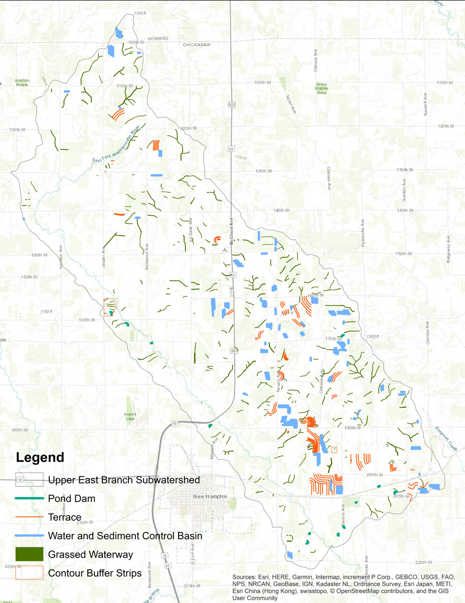 Iowa BMP Existing Practice Map for Upper East Branch-Wapsipinicon River Watershed
