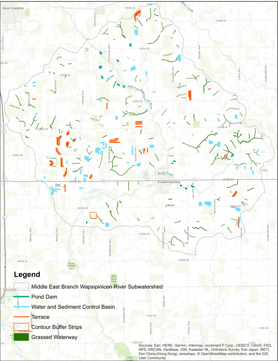 Iowa BMP Existing Practice Map for Middle East Branch-Wapsipinicon River Watershed
