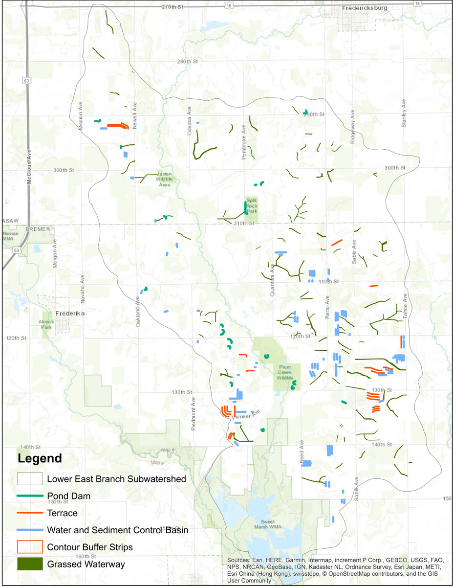 Iowa BMP Existing Practice Map for Lower East Branch-Wapsipinicon River Watershed