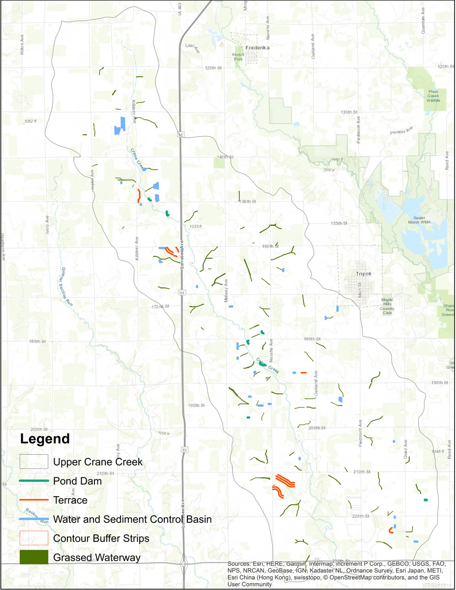 Iowa BMP Existing Practice Map for Upper Crane Creek Watershed
