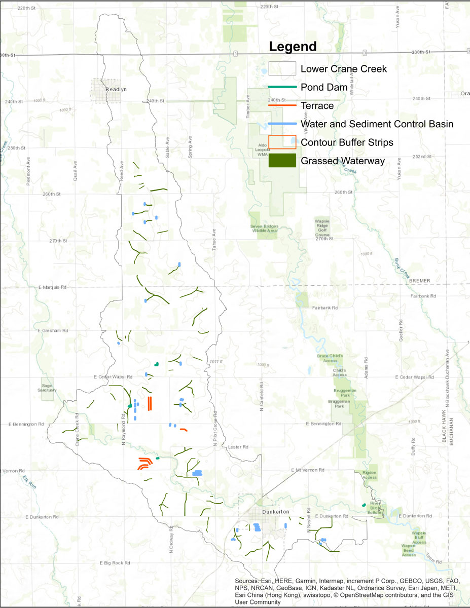 Iowa BMP Existing Practice Map for Lower Crane Creek Watershed