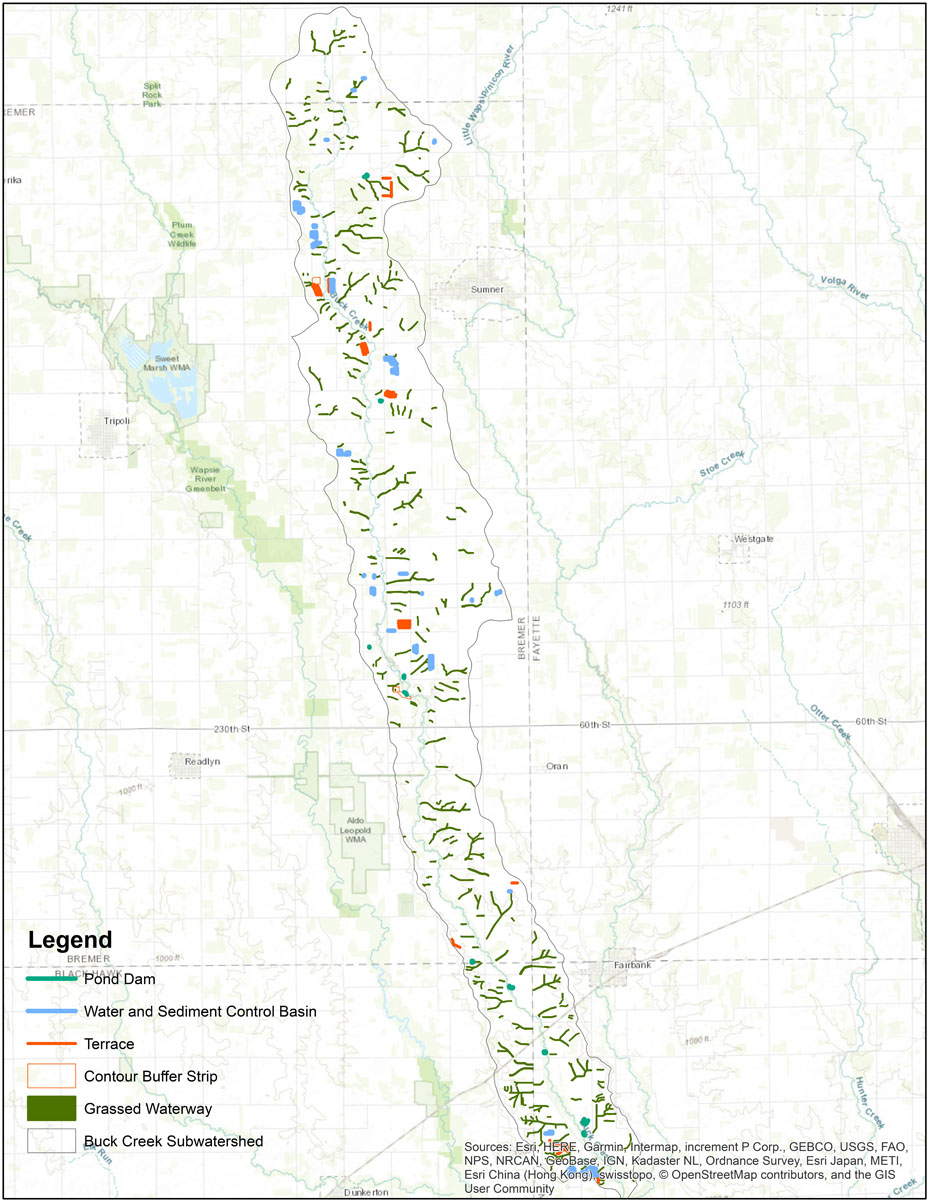 Iowa BMP Existing Practice Map for Buck Creek Watershed