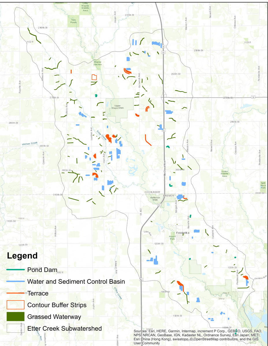 Iowa BMP Existing Practice Map for Etter Creek-Wapsipinicon River Watershed
