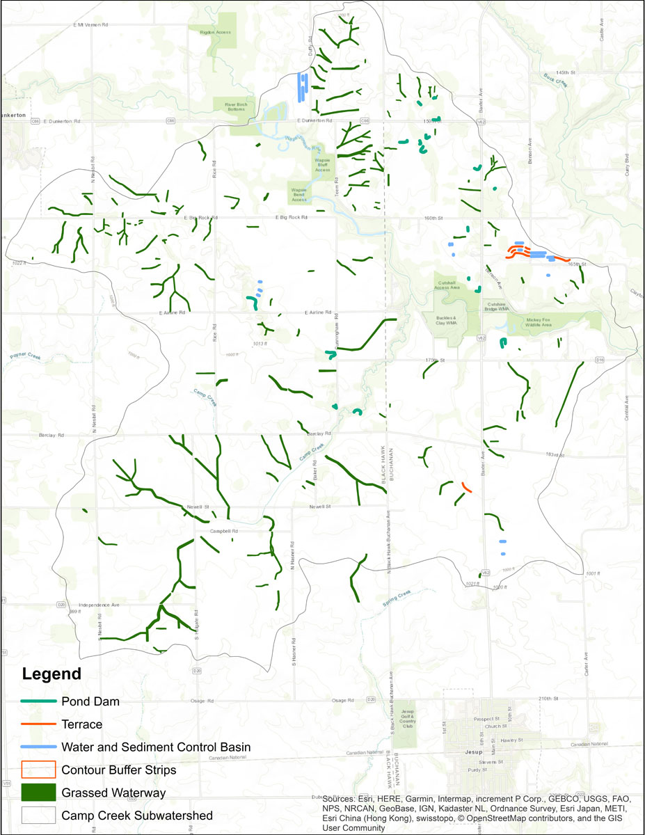 Iowa BMP Existing Practice Map for Camp Creek-Wapsipinicon River Watershed