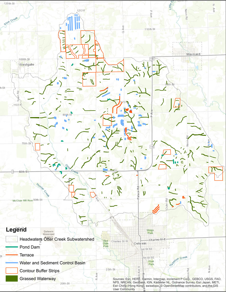 Iowa BMP Existing Practice Map for Headwaters Otter Creek Watershed
