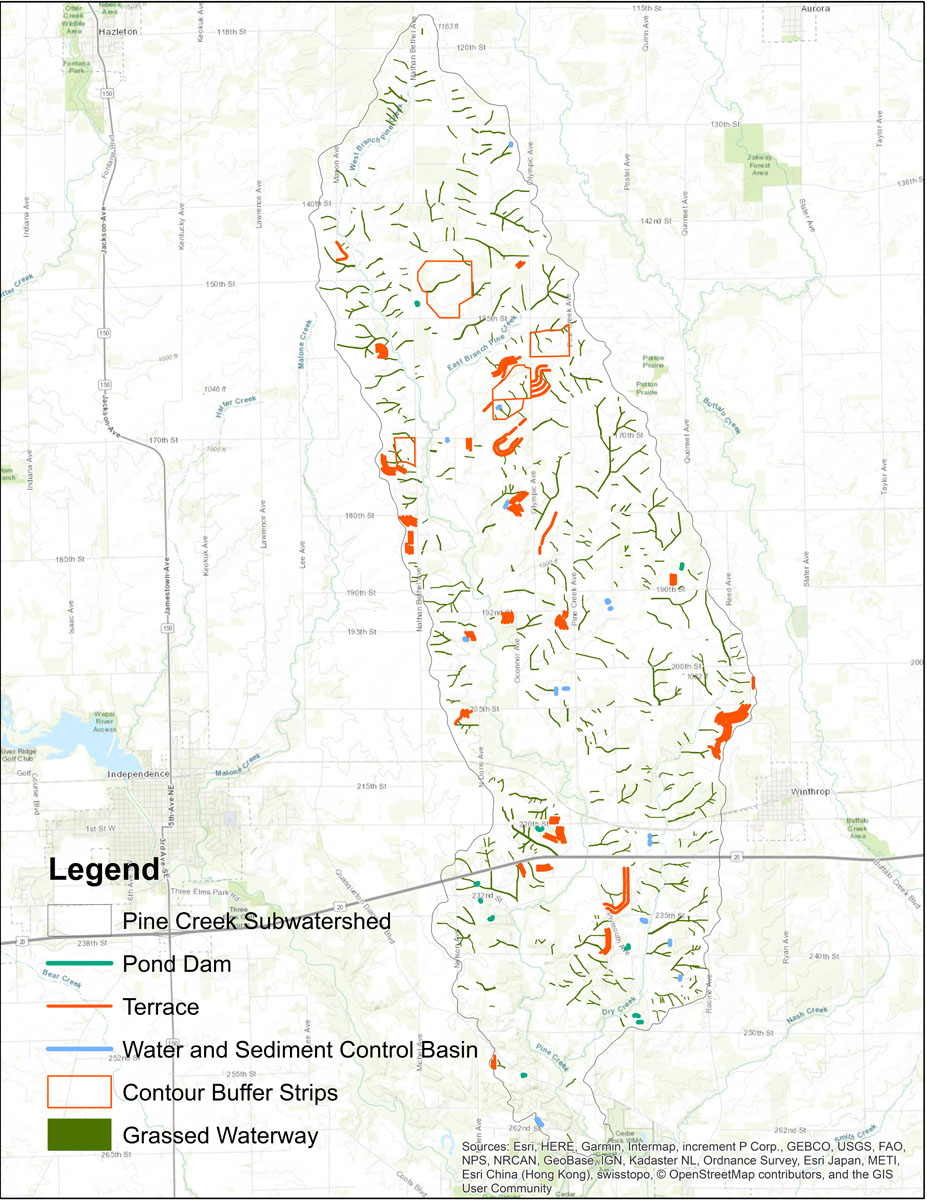 Iowa BMP Existing Practice Map for Pine Creek Watershed