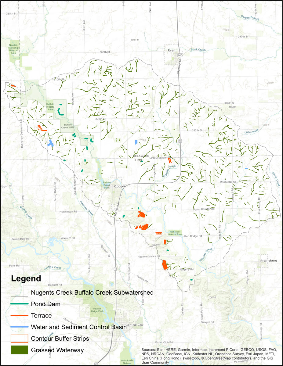 Iowa BMP Existing Practice Map for Nugents Creek-Buffalo Creek Watershed