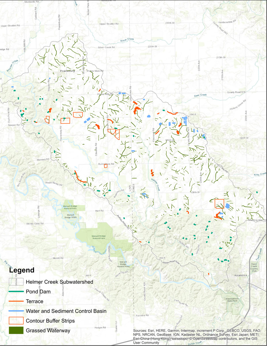 Iowa BMP Existing Practice Map for Helmer Creek-Buffalo Creek Watershed