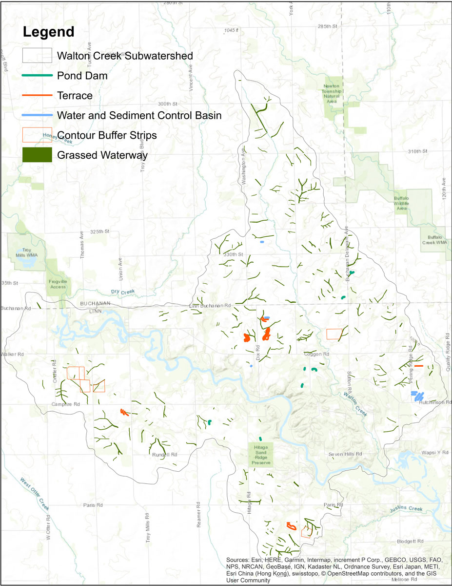 Iowa BMP Existing Practice Map for Walton Creek-Wapsipinicon River Watershed