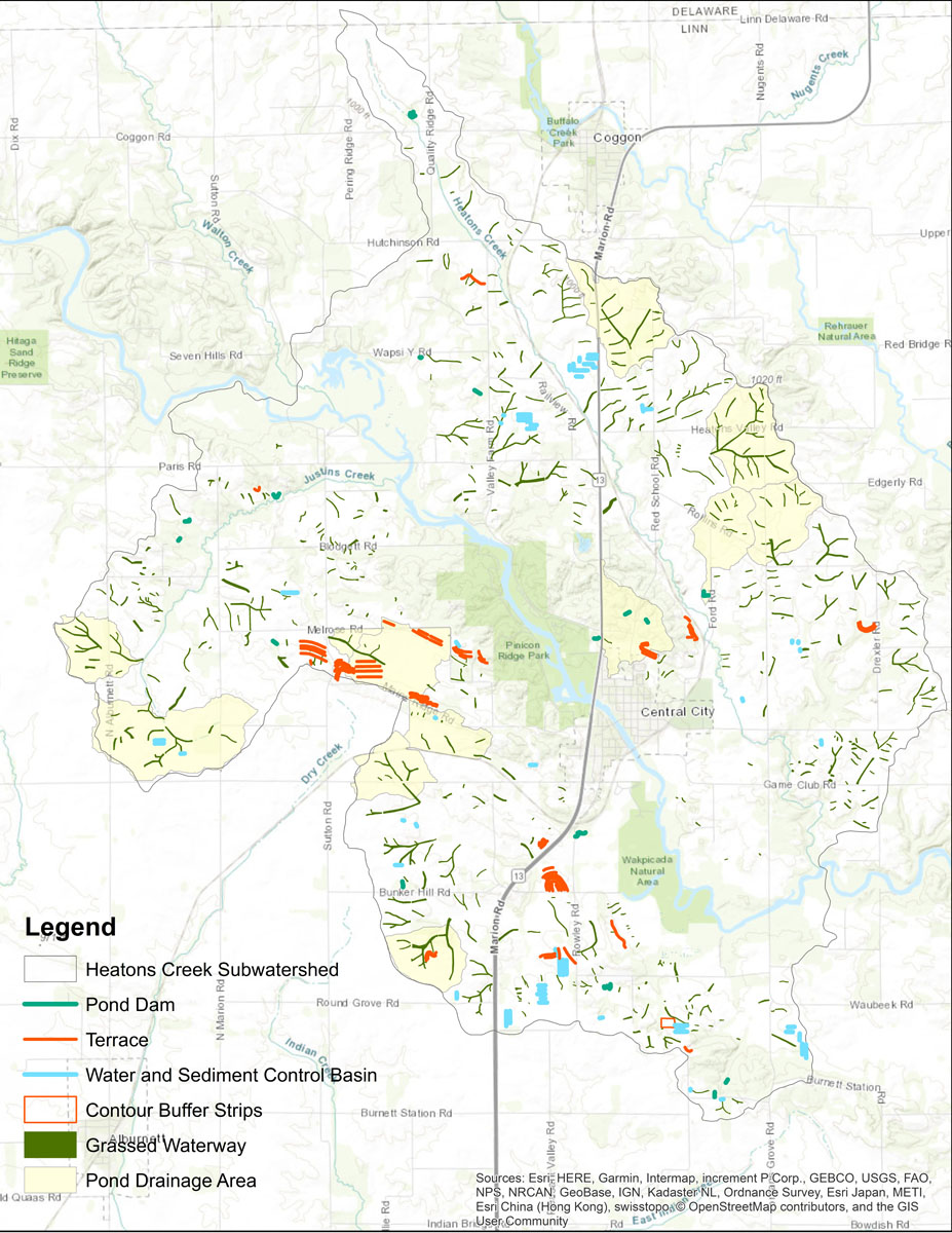 Iowa BMP Existing Practice Map for Heatons Creek-Wapsipinicon River Watershed