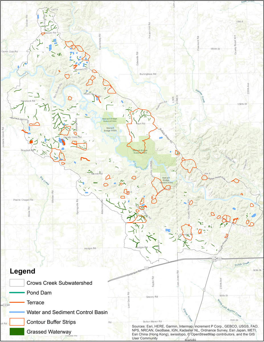 Iowa BMP Existing Practice Map for Crows Creek-Wapsipinicon River Watershed